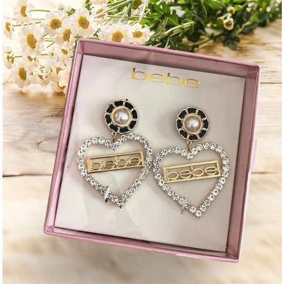 Bebe Earrings Heart Gold Tone Rhinestones Hoop Earrings Logo 35$